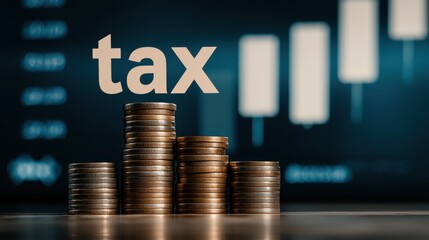 Tax concept with coins and financial growth indicators in the background.