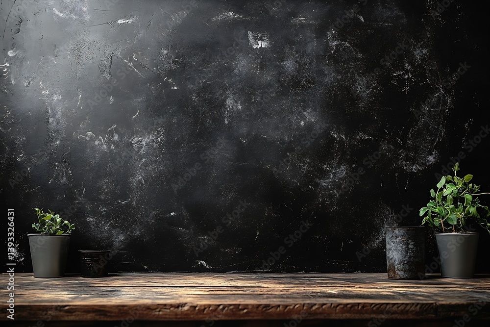 Leinwandbilder moody backdrop dark grunge texture with wood table and potted plants for product photography and atm