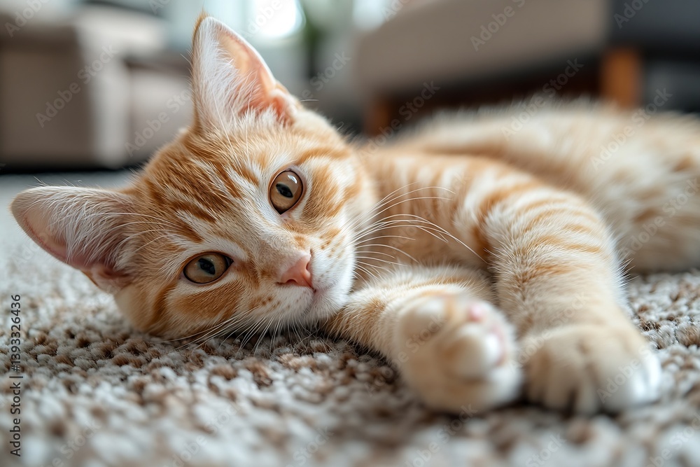 Poster adorable orange tabby kitten resting on rug with big eyes and soft fur in natural light close up por