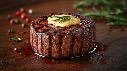 Juicy steak topped with butter on a rustic wooden table.