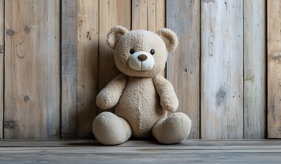 Charming brown teddy bear perched on rustic wooden floor surrounded by natural beauty : Generative AI