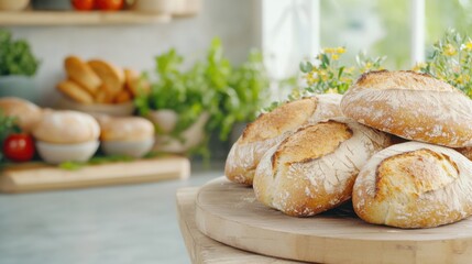 Freshly baked bread on a wooden board with a cozy kitchen backdrop.