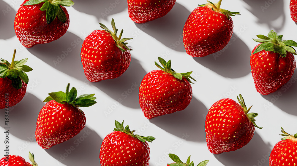Poster a bright and fresh pattern of ripe strawberries scattered on a clean white surface with soft shadows