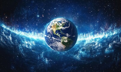 Obraz premium The Earth, surrounded by sound waves, with space in the background Generative AI