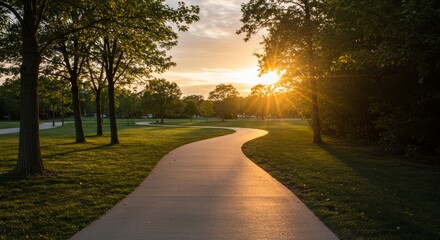 Fototapeta premium Tranquil Sunset Park Path - Serene sunset scene, winding path, lush greenery, golden hour light, peaceful nature. Symbolizing peace, journey, hope, nature, and tranquility