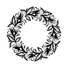 Floral Black and White Wreath with Branches, Twigs and Leaves, Decorative Circle
