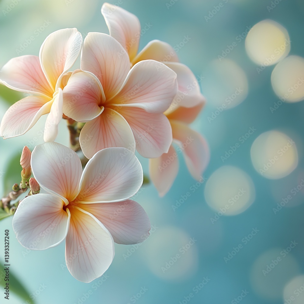 Poster a beautiful display of pink and white plumeria flowers on a blurred blue background creating a calmi