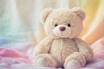 Soft plush bearon sits in front of a colorful pastel background for a cheerful atmosphere