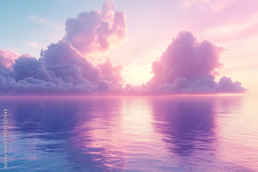 Poster pastel sunset reflection on calm ocean with fluffy clouds for dreamy and serene nature photography :