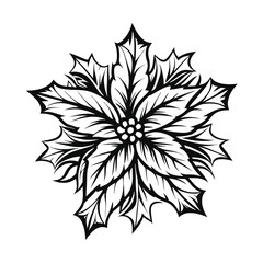 Monochrome Poinsettia Flower Silhouette, Floral Outline, Black and White, Isolated Design