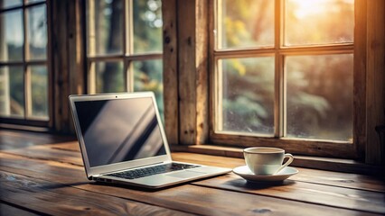Fototapeta premium Cozy Coffee Shop Ambiance A Minimalist Workspace with Laptop and Brewed Coffee on a Wooden Table Perfect for