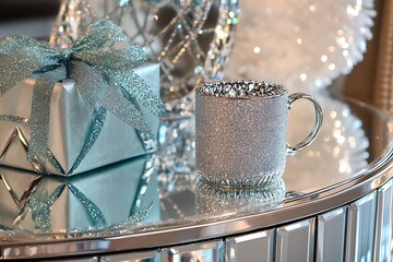 Glamorous Mother's Day scene with a glitter-dusted gift and a crystal-studded coffee mug on a mirrored vanity table.