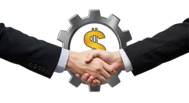 Isolated Handshake with Gear and Dollar Sign for Success