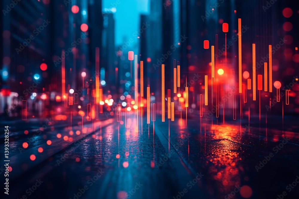 Poster Abstract Cityscape with Rising Red Bars and Bokeh Lights Modern Financial District Concept : Generative AI