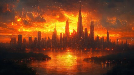 Fototapeta premium Fiery Sunset over a Metropolis
