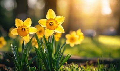Obraz premium sunlight on Easter flowers, abstract blank blurred spring background, beauty in nature concept, copy space -