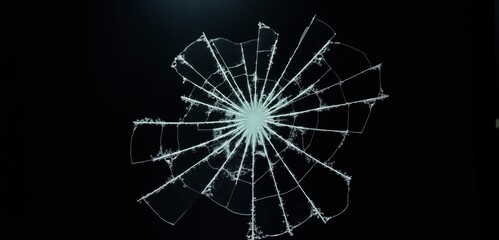A close-up of a shattered glass, showcasing intricate cracks against a dark background. Ideal for themes of damage, vulnerability, or security.