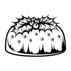 Monochrome Holiday Cake with Holly and Berries Festive Black Outline Design Element