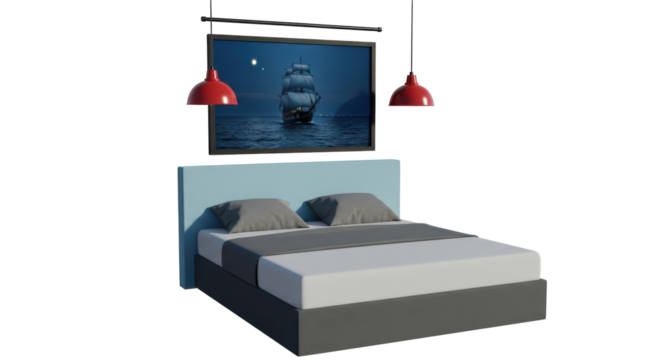 Isolated Bedroom with Bed and Seascape Painting