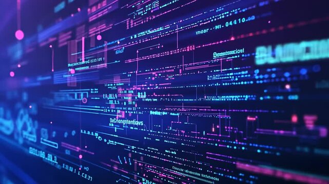 Futuristic digital code visualization with neon glow and data stream background