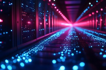 Obraz premium Server room with glowing blue and pink lights creating a futuristic atmosphere.