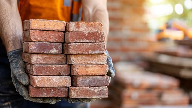 Construction worker carrying a stack of bricks at a building site with blurred background activity