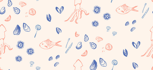 Ses food pattern, fish, mollusk and shells illustration, line sketch drawing background © Anna Kutukova