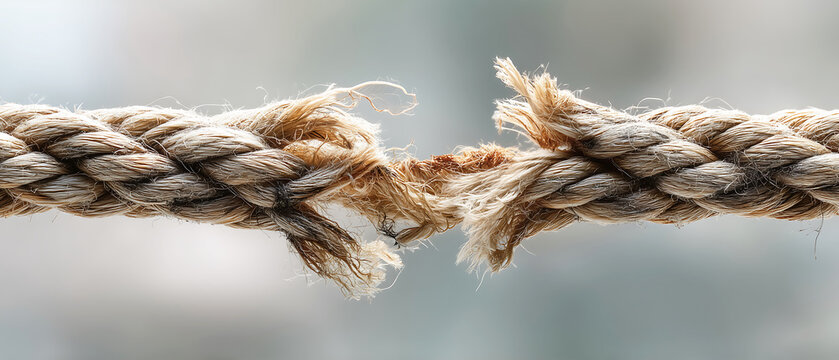 A close-up of a frayed rope snapping in the middle, symbolizing tension, breaking points, and the concept of fragility or stress. - Powered by Adobe