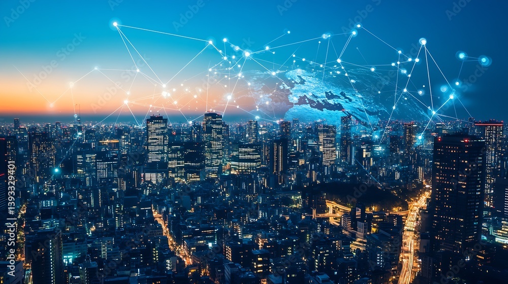 Poster illuminated city at night with advanced digital networks and technology : generative ai