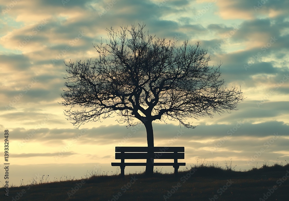 Aufkleber Charming silhouette of a leafless tree adjacent to a bench under vibrant sky with scattered clouds : Generative AI