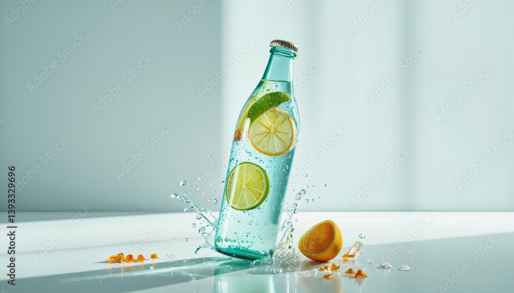 Poster vivid design food and beverage advertisement: a bottle of sparkling water with lime slices splashes 