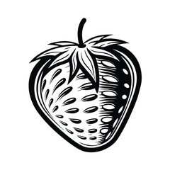 Black and White Strawberry Icon, Engraving Style, Isolated on White Background