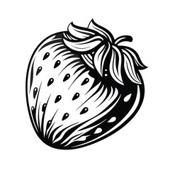 Stylized Strawberry Outline, Detailed Leaves, Black & White Berry Design, Seeded Fruit