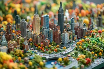 Detailed miniature model of New York City skyline with surrounding foliage and roads