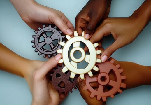 A group of people holding gears together. The gears are of different colors and sizes. Concept of teamwork and collaboration, as the people are working together to hold the gears in place