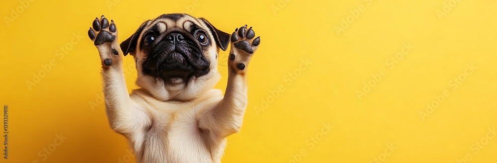 Poster joyful pug dog with paws raised in playful pose against lively yellow background showcasing dog char