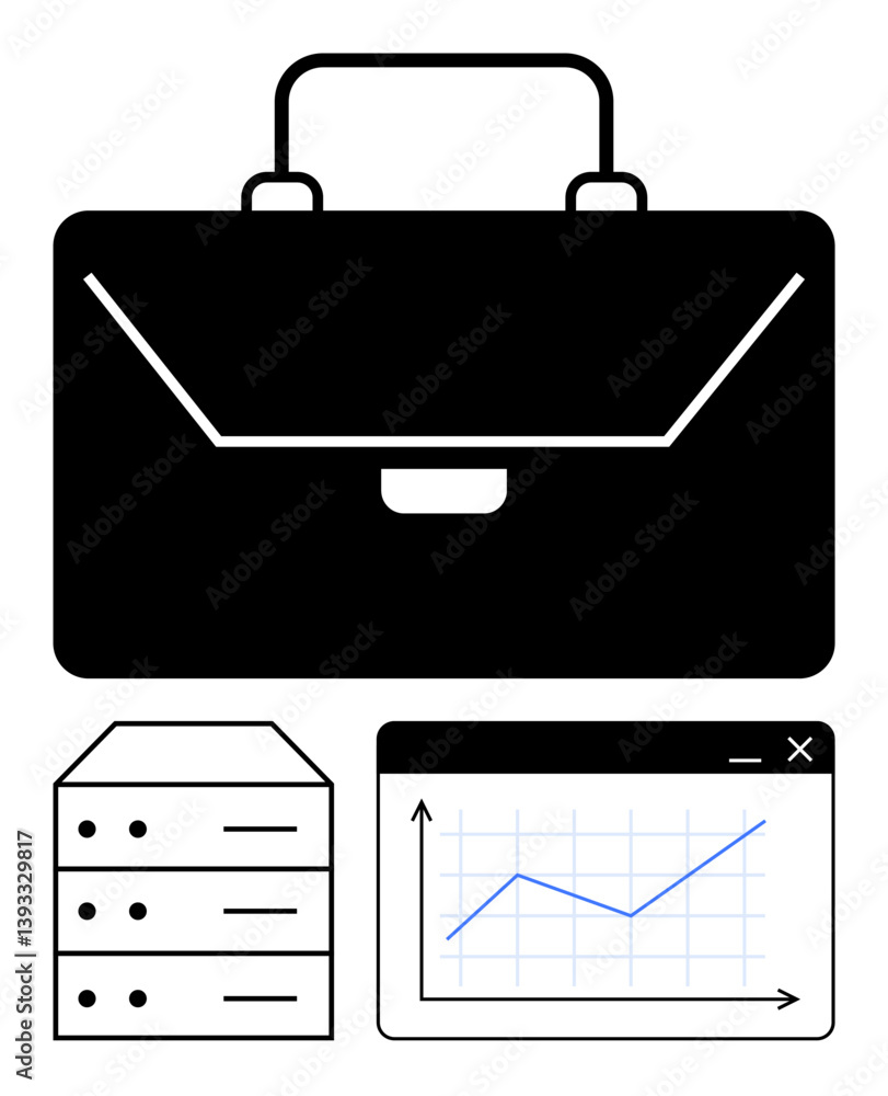 Poster briefcase symbol, server stack, and graph represent work, organization, and data management. ideal f