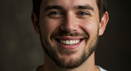 Obraz premium Young Man Smiling Close Up Portrait - A cheerful young male with a beard and short hair smiles broadly. The symbolizes happiness, confidence, youth, positivity, and well-being