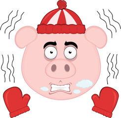 vector illustration emoji character face pig cartoon, shivering cold, wearing gloves and a winter hat, with breath vapor in his mouth