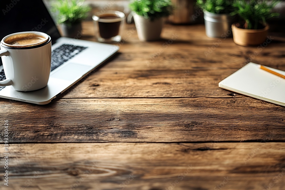 Aufkleber cozy workspace still life with coffee cup laptop and notebook on rustic wooden desk for creative wor