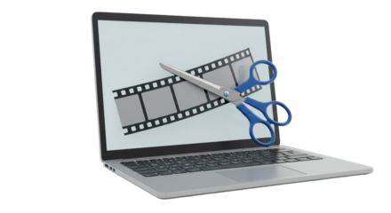 Isolated Laptop Showing Film Reel and Scissors for Video Editing
