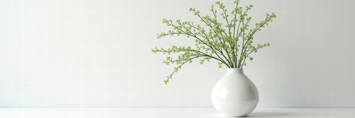 A minimalist arrangement of delicate greenery in a white vase, ideal for enhancing interior spaces with a touch of elegance and tranquility.