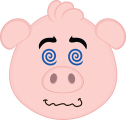 vector illustration emoji character face pig cartoon, hypnotized or drugged with spiral shaped eyes