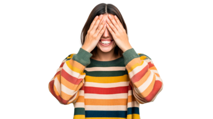Woman hides face behind hands, striped sweater, smiles, cut out transparent