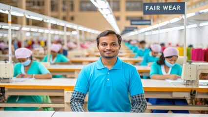 Man in Blue Shirt Smiling at Sewing Factory with Workers in Background, Fair Wear Concept