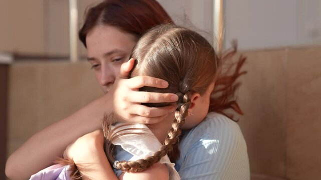 girl child kid daughter crying mother arms, school education, child hug mom, family school backpack, sorrow embrace hug loving affectionate caring sadness upset affection crying distressed gentle