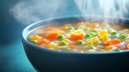 A comforting bowl of vegetable soup, steaming gently. A mix of colorful veggies like carrots, peas, corn, and potatoes in a light broth creates a wholesome dish.