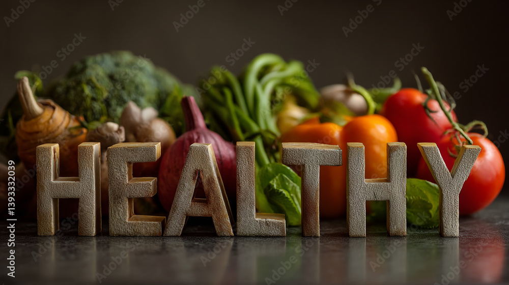 Poster the word healthy in wooden block letters with various vegetables in the background on a dark surface