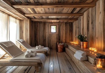 Naklejka premium Tranquil spa retreat with wooden decor featuring lounge chairs and soft lighting for relaxation : Generative AI