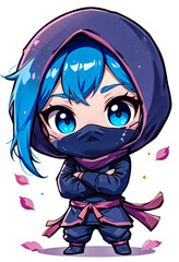 Chibi ninja anime manga character with blue hair and hood digital art illustration for wallpaper and avatar